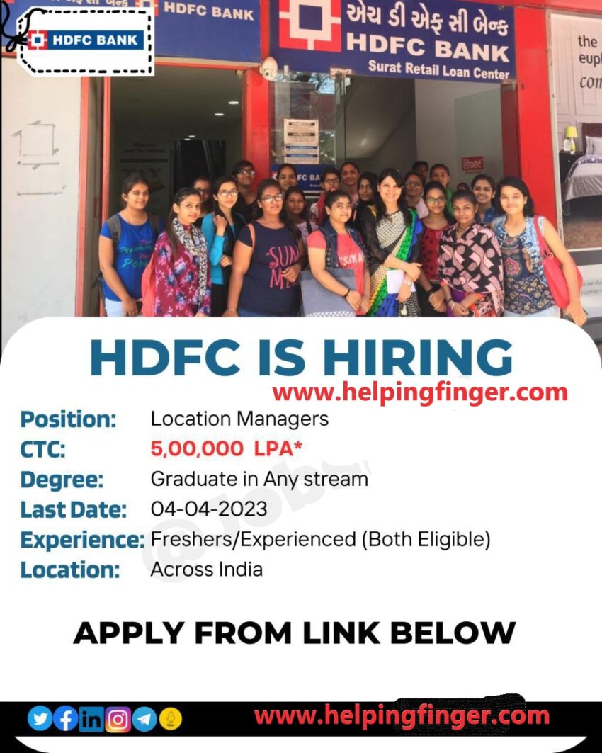 HDFC is hiring Location Managers | Urgent Hiring | Apply Now