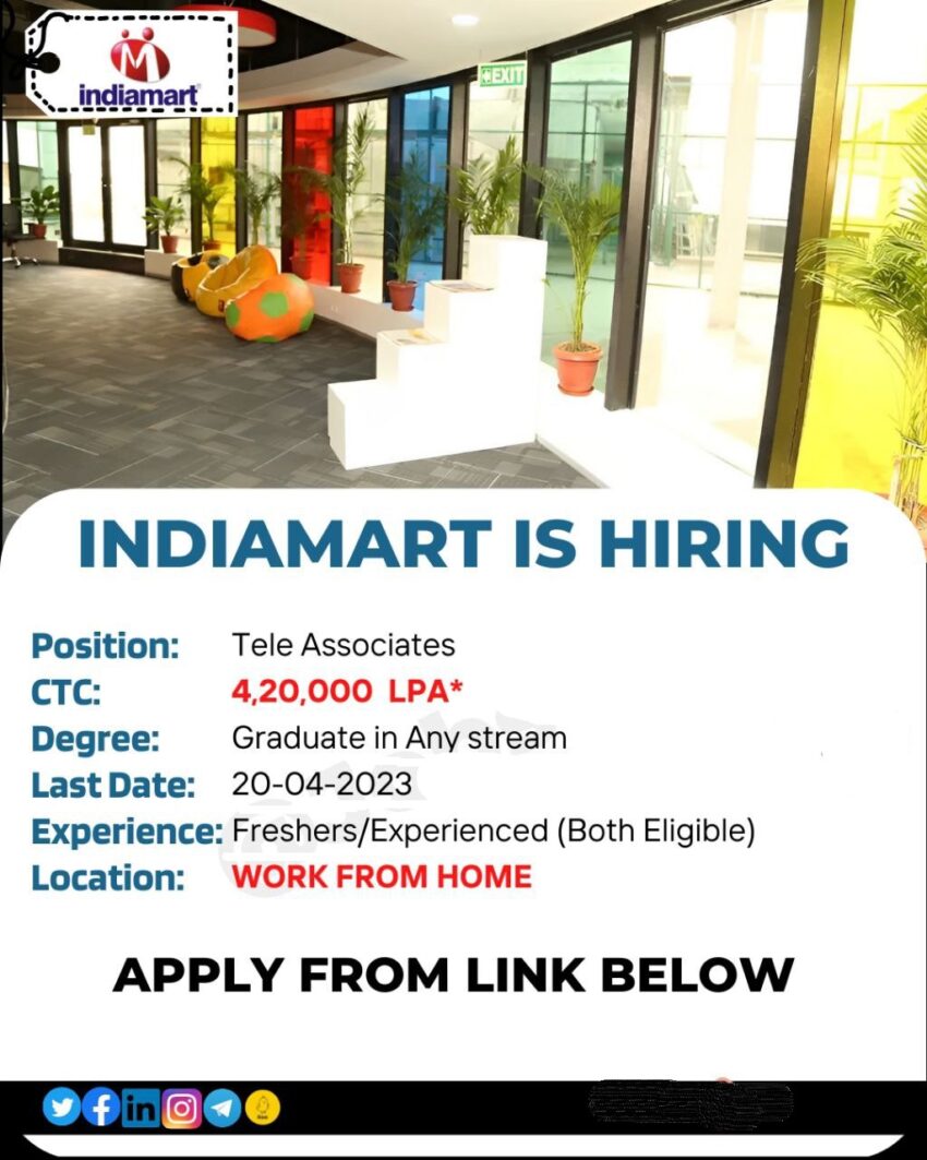 IndiaMart is hiring Tele Associates | Work from Home | Apply Now