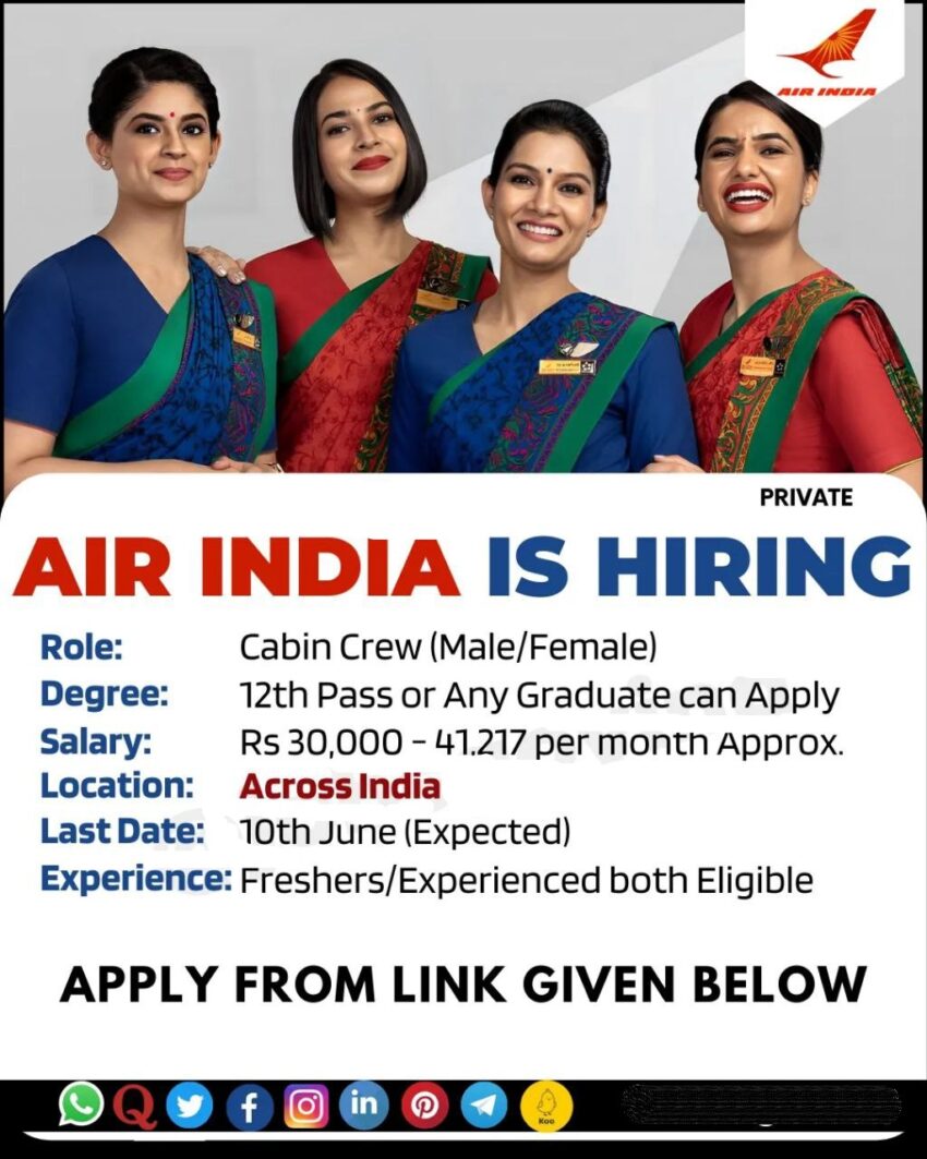 Air India is Hiring for Various Cabin Crew Posts | Apply Online Now