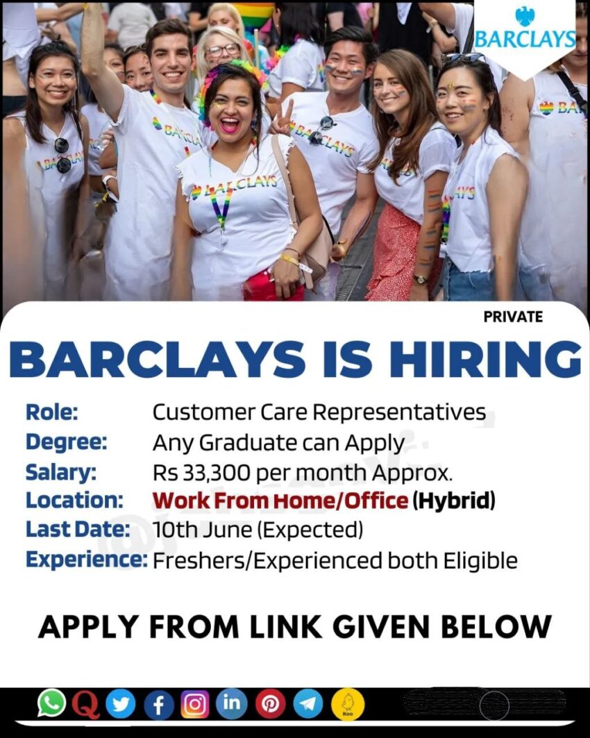 Barclays is Hiring Work From Home | Office for Customer Care Representatives | Apply Online