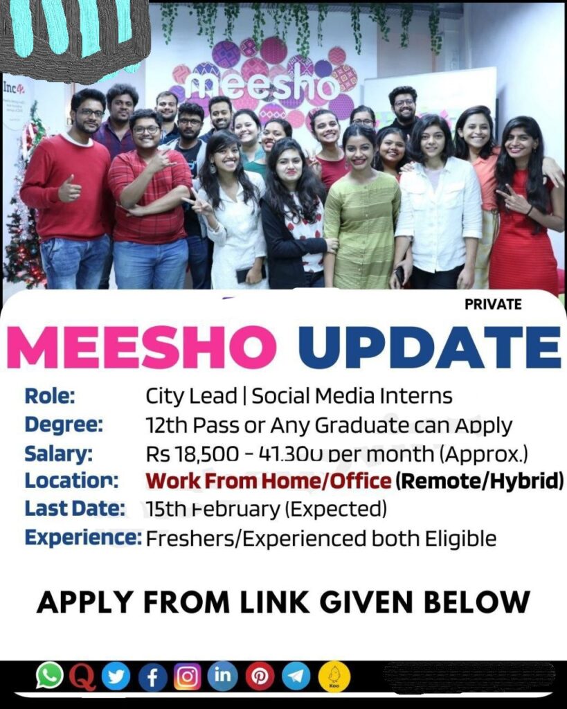 Meesho is Hiring:Social Media Intern and City Lead ! WFH JOBS