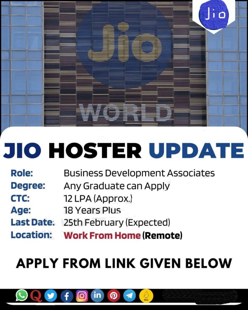 JIO Hoster career : Business Development Associate | WFH Job 2024
