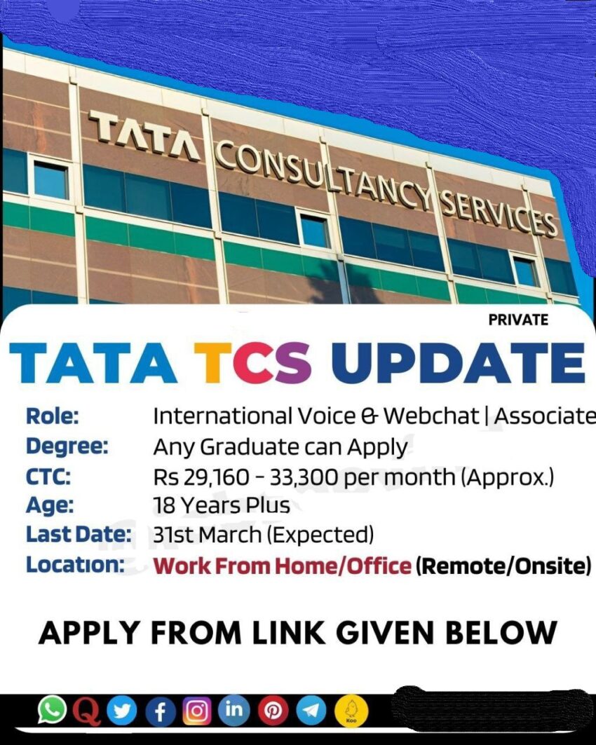 Tata Consultancy Services TCS Recruitment 2024 (Private Job Update, Work From Home/Office) for Various customer service agent (international voice and webchat) posts. All legible and interested candidates can apply on or before (31-03-2024). Further information about the Tata Consultancy Services TCS recruitment vacancies, salary details, application fee, selection process, educational qualifications, results, age limit and all other details/ information about these posts is mentioned in details below.